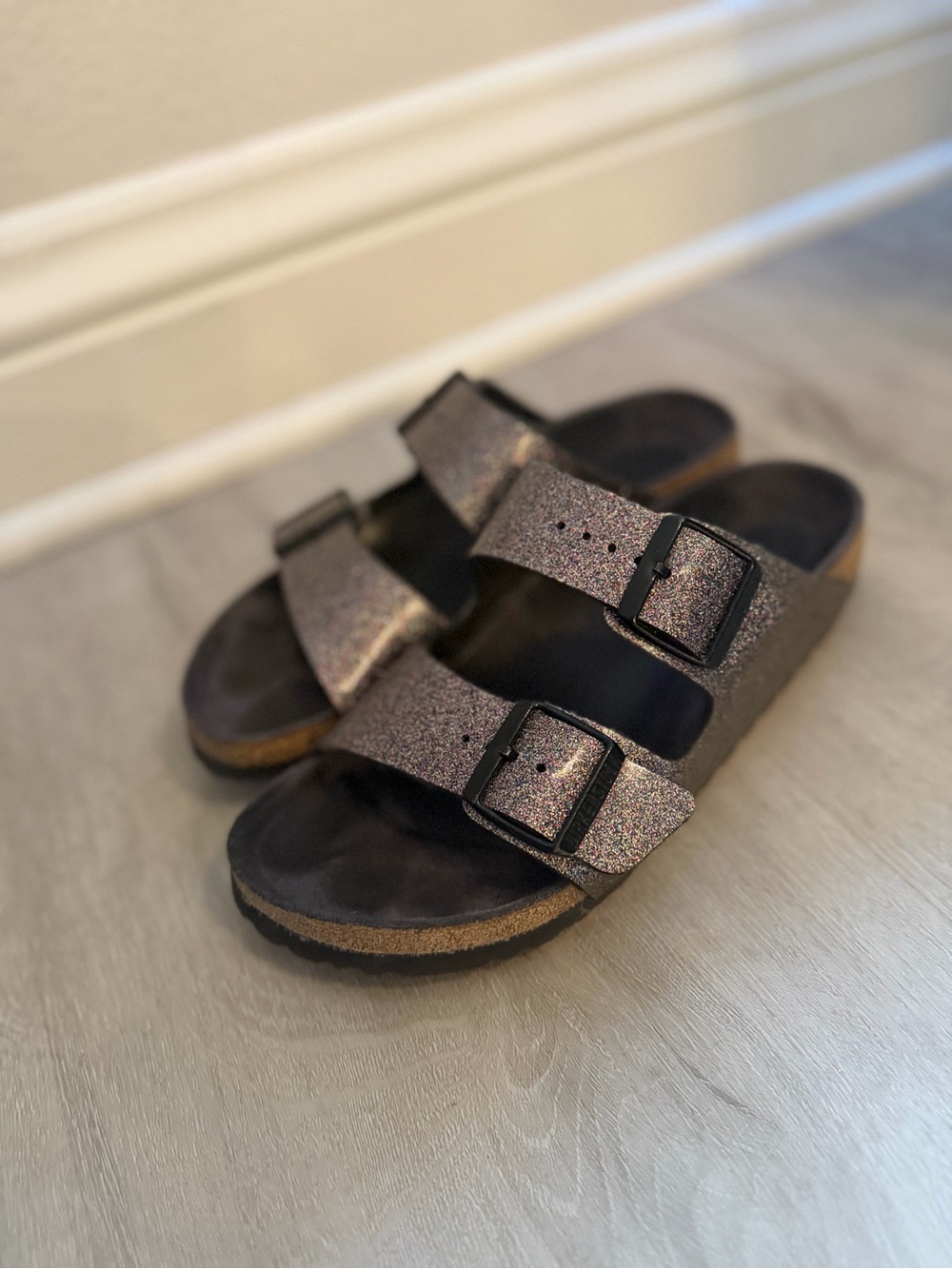 Birkenstock Double-Buckle Slide Sandals - Glitter Black/Bronze